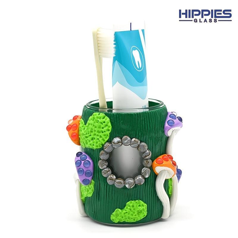 Glass Toothpaste Cup Holder with Cartoon Mushroom Decoration