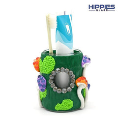 Glass Toothpaste Cup Holder with Cartoon Mushroom Decoration