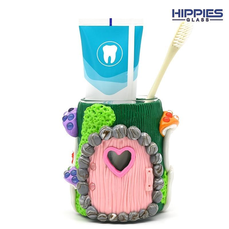 Glass Toothpaste Cup Holder with Cartoon Mushroom Decoration