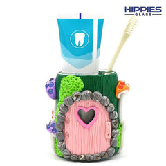 Glass Toothpaste Cup Holder with Cartoon Mushroom Decoration