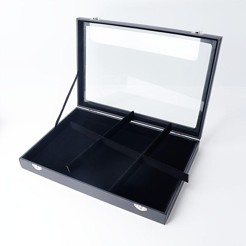 Faux Leather Jewelry Box 6 grid Jewelry Storage Display Box Clear Lid