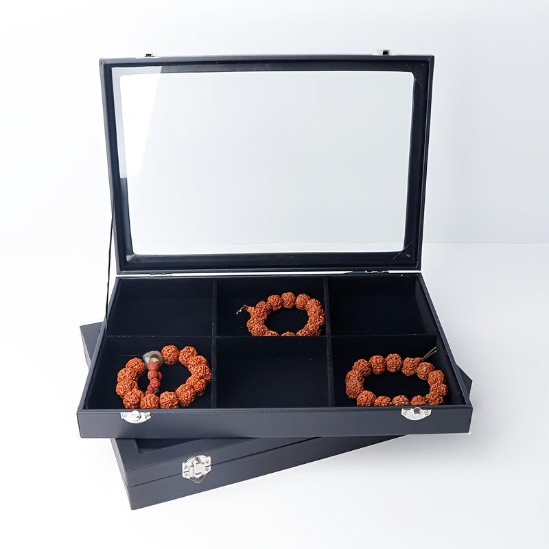 Faux Leather Jewelry Box 6 grid Jewelry Storage Display Box Clear Lid