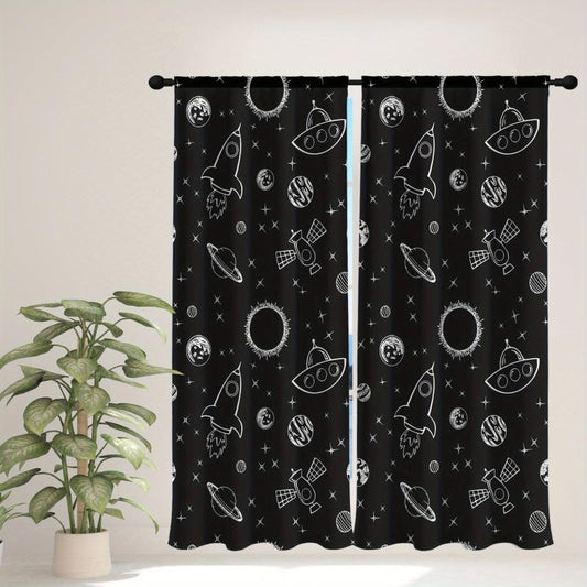2pcs Stars Space Rocket Spaceship Printed Curtains For Bedroom