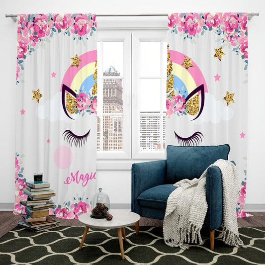 2pcs Unicorn Printed Window Curtain Rod Pocket Curtain