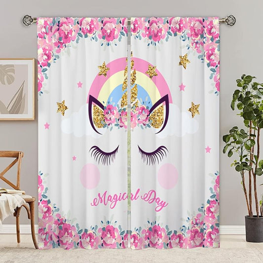 2pcs Unicorn Printed Window Curtain Rod Pocket Curtain