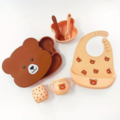 Bear Dinner Plate Set Baby Food Supplement Bowl Spoon Divided Cartoon 8pcs