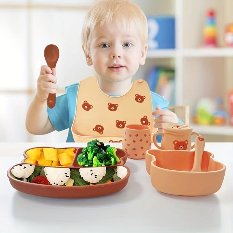 Bear Dinner Plate Set Baby Food Supplement Bowl Spoon Divided Cartoon 8pcs