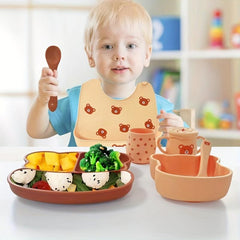 Bear Dinner Plate Set Baby Food Supplement Bowl Spoon Divided Cartoon 8pcs
