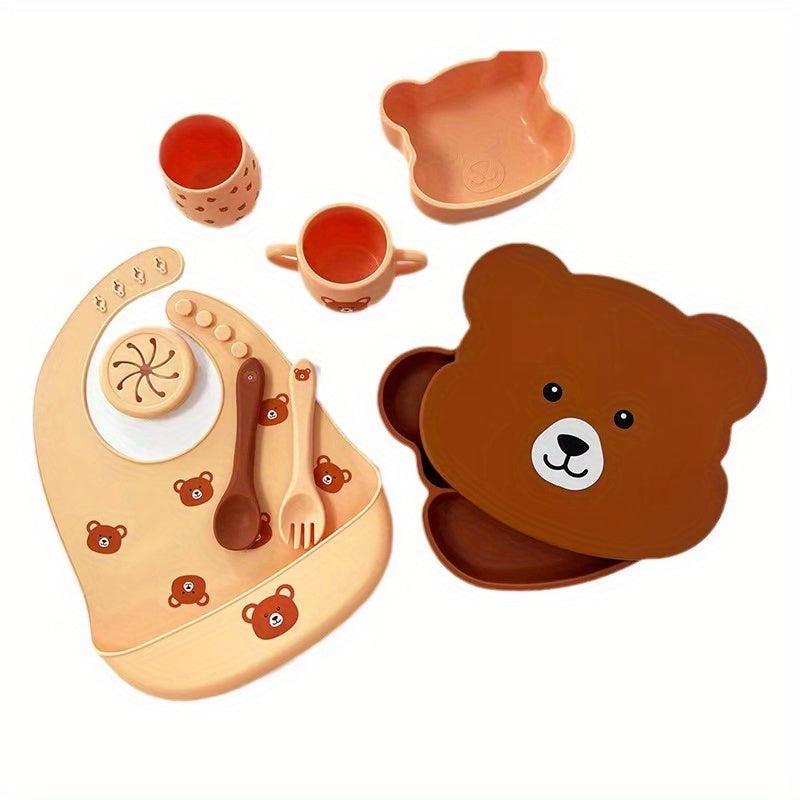 Bear Dinner Plate Set Baby Food Supplement Bowl Spoon Divided Cartoon 8pcs