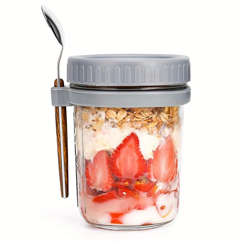 2pcs Glass Food Jars with Lid and Spoon for Oats Cereal Salad