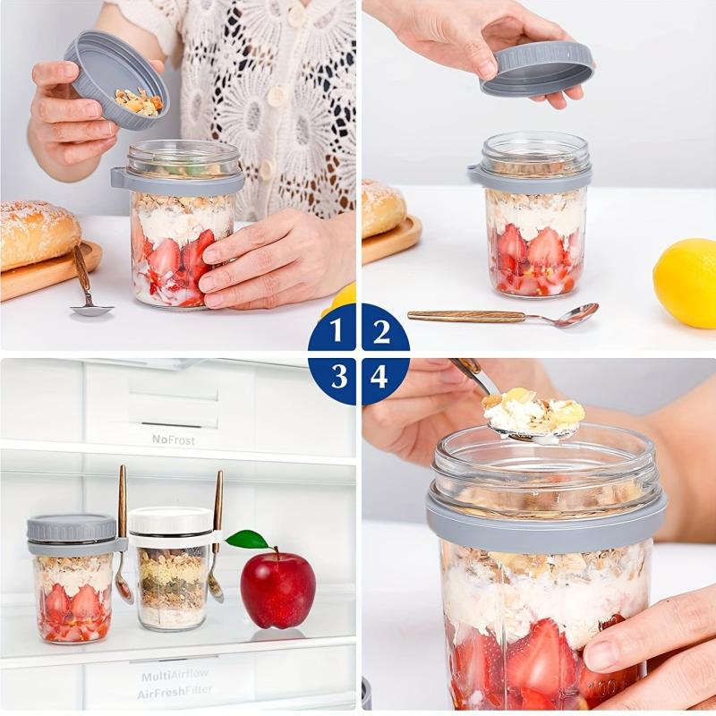 2pcs Glass Food Jars with Lid and Spoon for Oats Cereal Salad