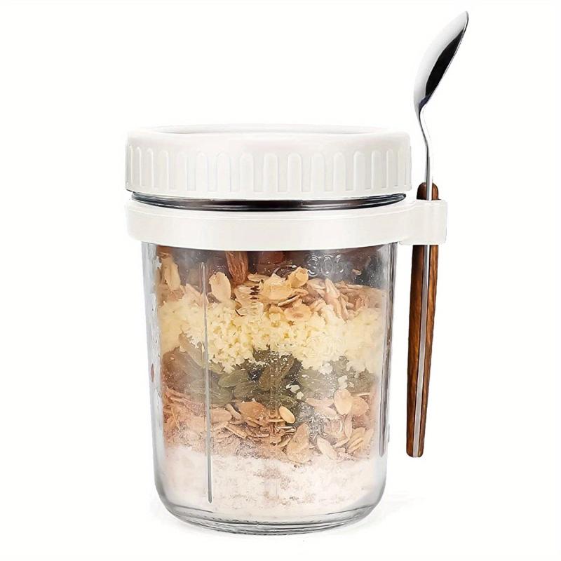 2pcs Glass Food Jars with Lid and Spoon for Oats Cereal Salad