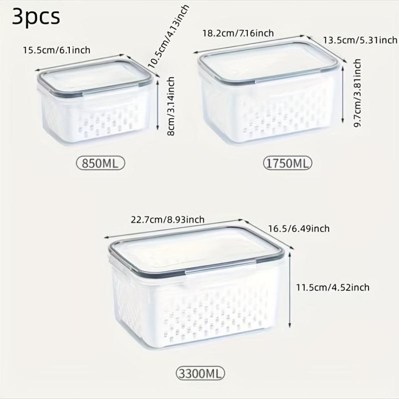 3pcs Sealed Fresh Keeping Boxes Drainage Tank Refrigerator Storage Box