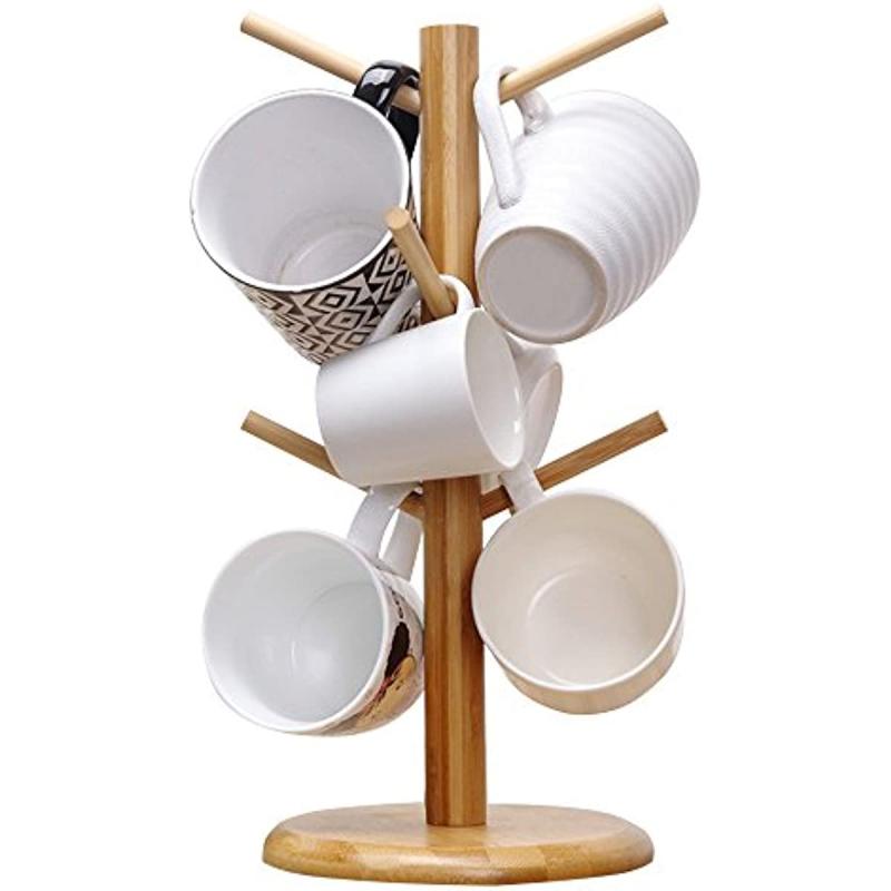 Wooden Mug Tree Stand Holds 6 Cups Kitchen Organizer