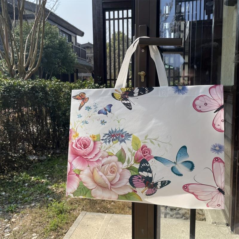 Retro Butterfly Flower Tote Bag Non Woven Foldable Handbag for Shopping Wedding