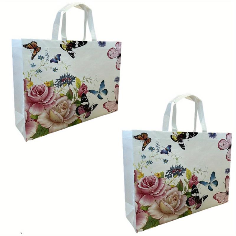 Retro Butterfly Flower Tote Bag Non Woven Foldable Handbag for Shopping Wedding