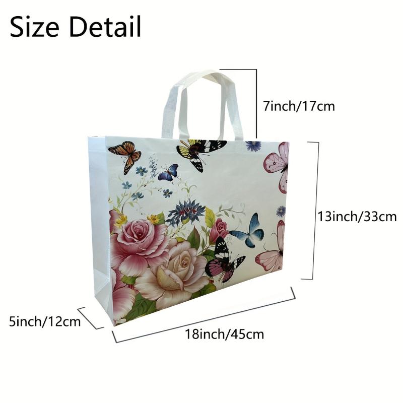 Retro Butterfly Flower Tote Bag Non Woven Foldable Handbag for Shopping Wedding