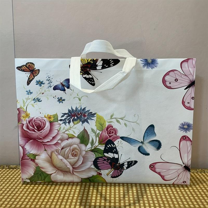 Retro Butterfly Flower Tote Bag Non Woven Foldable Handbag for Shopping Wedding
