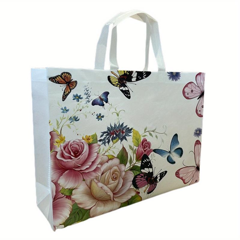 Retro Butterfly Flower Tote Bag Non Woven Foldable Handbag for Shopping Wedding
