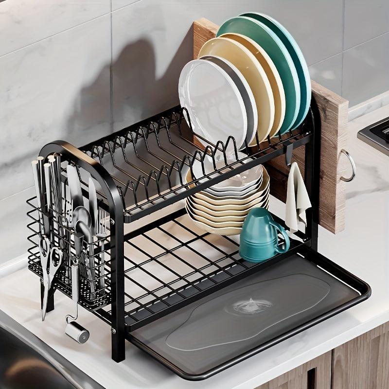 2-Tier Dish Drying Rack with Drainboard and Utensil Holder