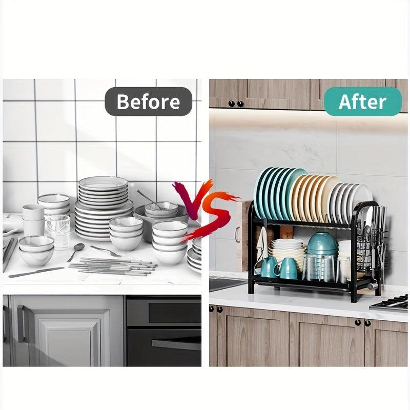 2-Tier Dish Drying Rack with Drainboard and Utensil Holder