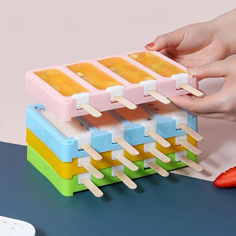 Square Oval Popsicles Molds 4-Grid Ice Cream Popsicle Mould with Cover