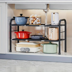Expandable 2-Tier Under Sink Organizer Shelf Rack with Removable Panels
