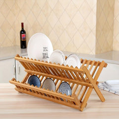 Bamboo 2 Tier Dish Rack Folding Collapsible Drainer Dish Drying Rack