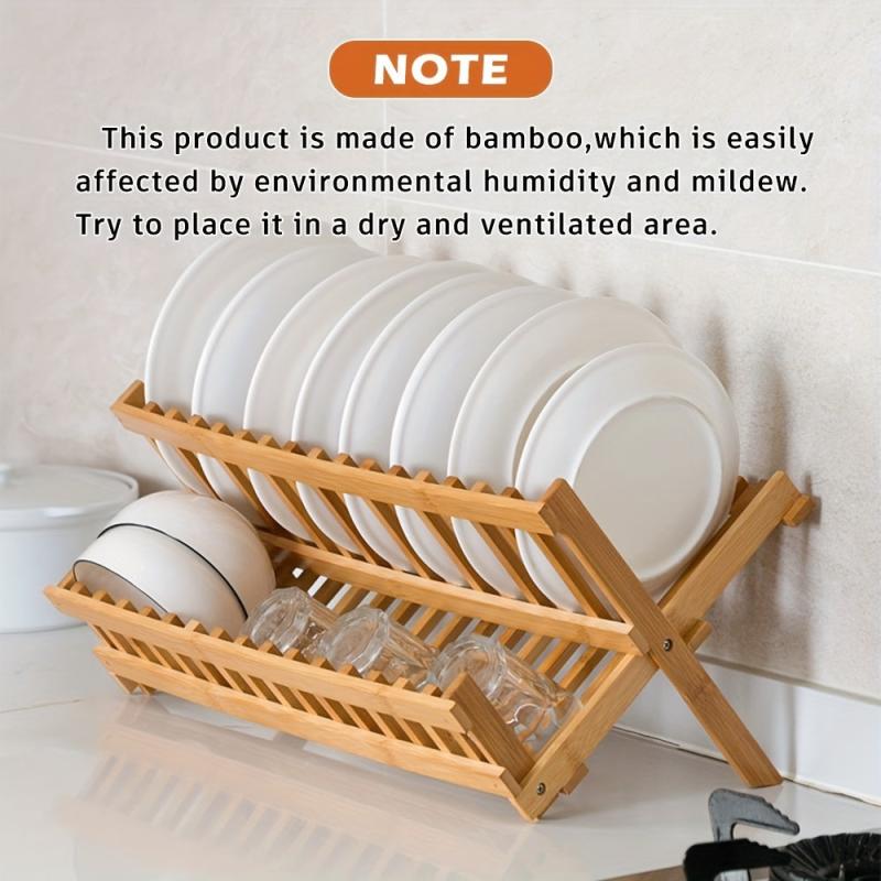 Bamboo 2 Tier Dish Rack Folding Collapsible Drainer Dish Drying Rack