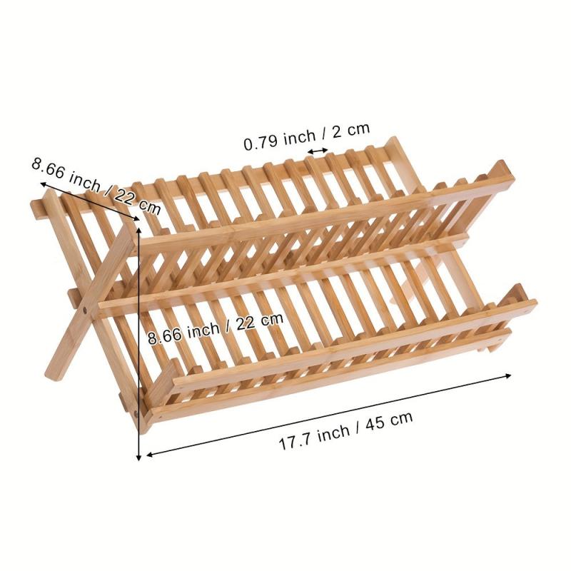 Bamboo 2 Tier Dish Rack Folding Collapsible Drainer Dish Drying Rack