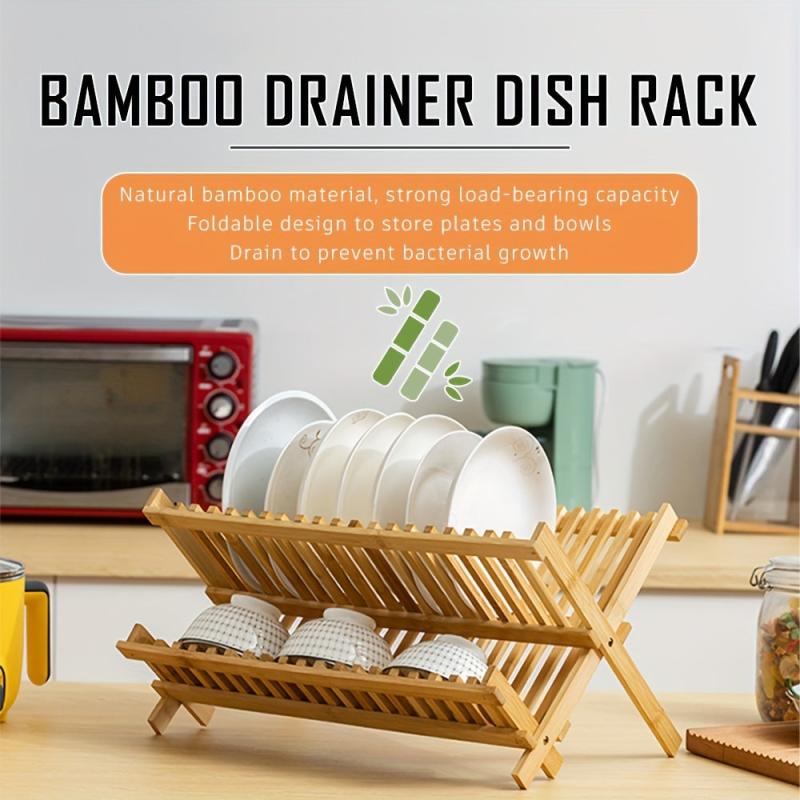 Bamboo 2 Tier Dish Rack Folding Collapsible Drainer Dish Drying Rack