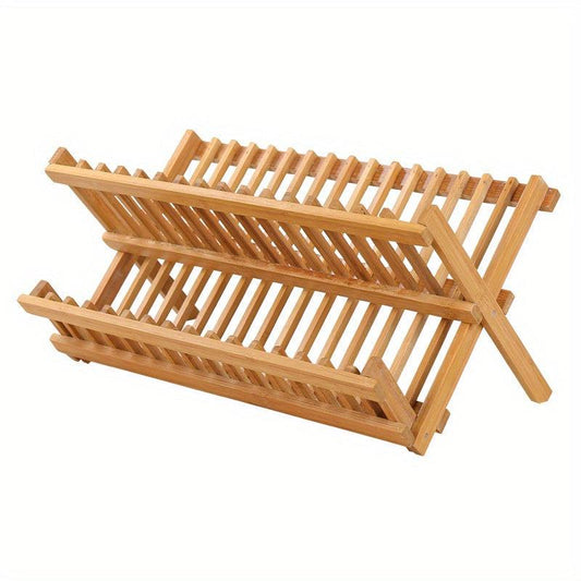 Bamboo 2 Tier Dish Rack Folding Collapsible Drainer Dish Drying Rack