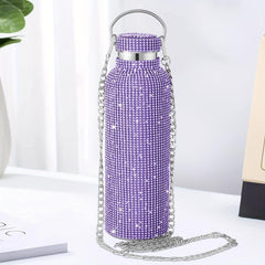 Studded Vacuum Flask Insulated Water Bottle Stainless Steel Rhinestone Decor