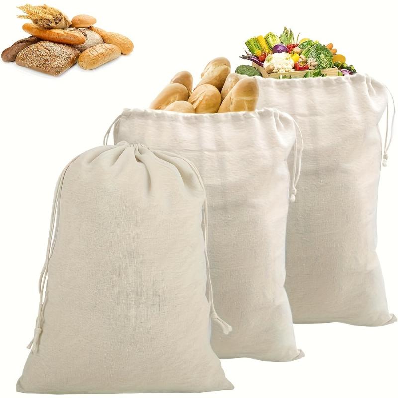 3pcs Linen Bread Bag Drawstring Reusable Fresh-keeping Kitchen Supplies