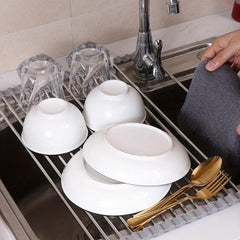 Expandable Roll Up Dish Rack Over the Sink Drainer Stretchable Drying Rack