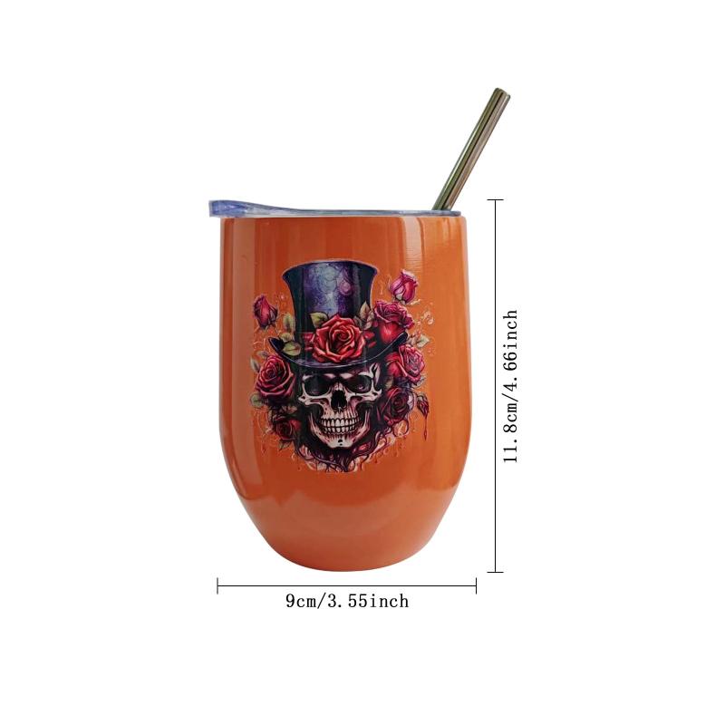12oz Halloween Skull Flower U-shaped Insulated Cup Stainless Steel Coffee Beer
