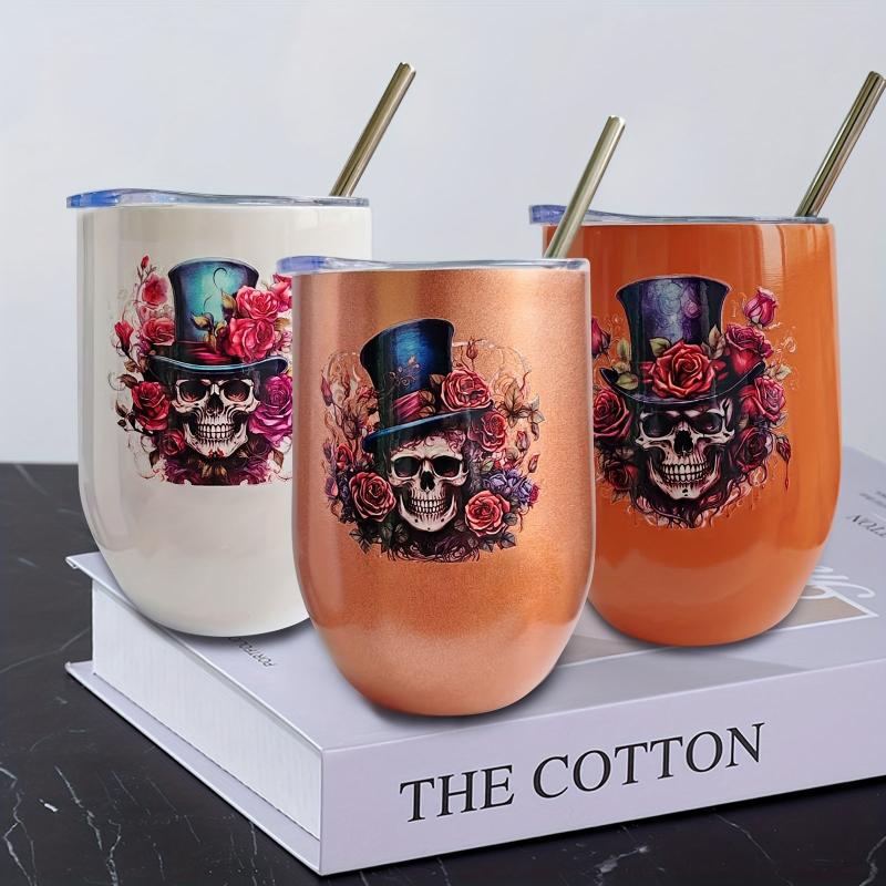 12oz Halloween Skull Flower U-shaped Insulated Cup Stainless Steel Coffee Beer