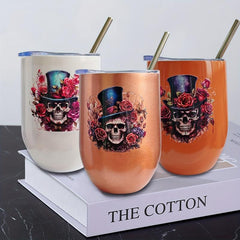 12oz Halloween Skull Flower U-shaped Insulated Cup Stainless Steel Coffee Beer