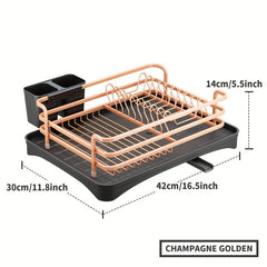 Aluminum Dish Drying Rack with Utensil Holders Compact Kitchen Accessory
