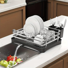 Aluminum Dish Drying Rack with Utensil Holders Compact Kitchen Accessory