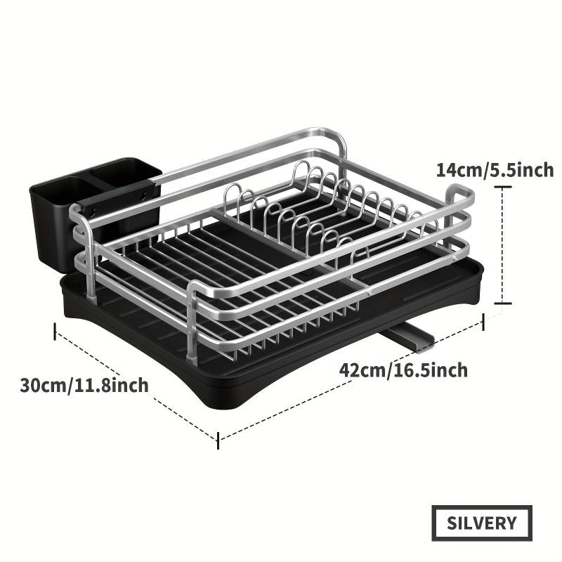 Aluminum Dish Drying Rack with Utensil Holders Compact Kitchen Accessory