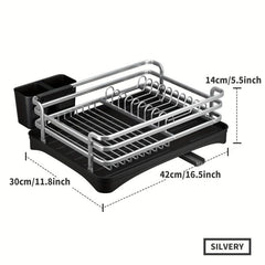 Aluminum Dish Drying Rack with Utensil Holders Compact Kitchen Accessory