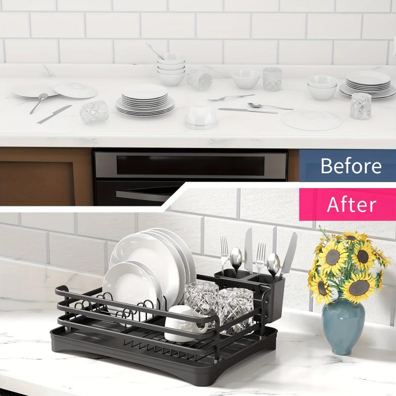 Aluminum Dish Drying Rack with Utensil Holders Compact Kitchen Accessory