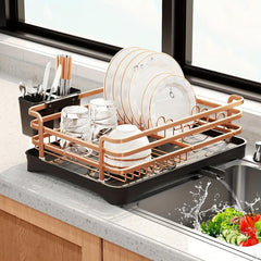 Aluminum Dish Drying Rack with Utensil Holders Compact Kitchen Accessory