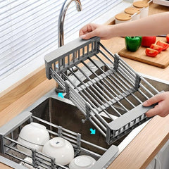 Adjustable Dish Drainer Sink Collapsible Over the Sink Strainer Basket