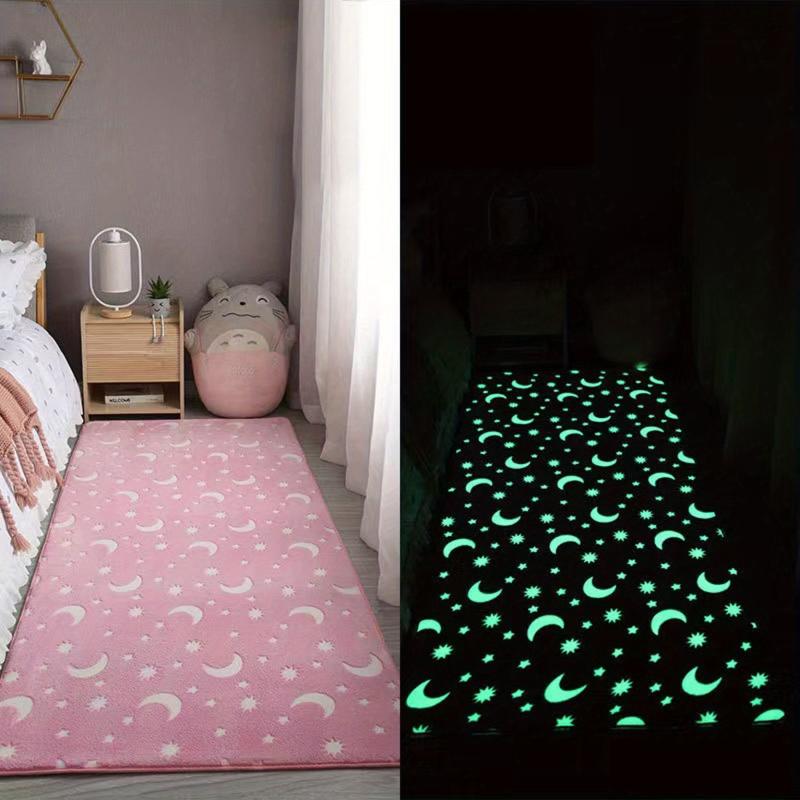 Luminous Fluffy Plush Area Rug Kids Room Moon Memory Foam Floor Mat Glow In Dark