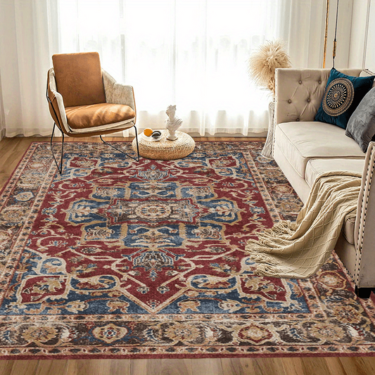 Vintage Boho Area Rug Euro Dark Red Bohemian Pattern Soft Washable Carpet