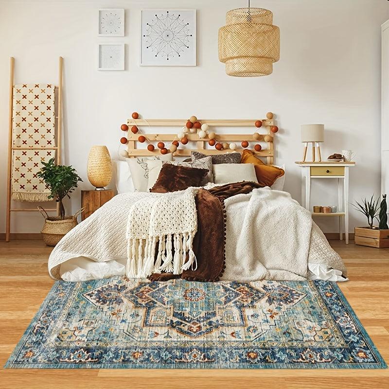 Vintage Boho Area Rug European Green Bohemian Pattern Soft Washable Carpet