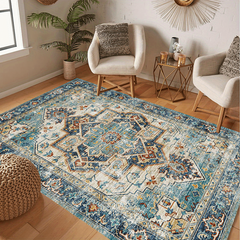 Vintage Boho Area Rug European Green Bohemian Pattern Soft Washable Carpet
