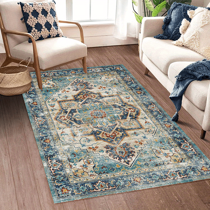 Vintage Boho Area Rug European Green Bohemian Pattern Soft Washable Carpet